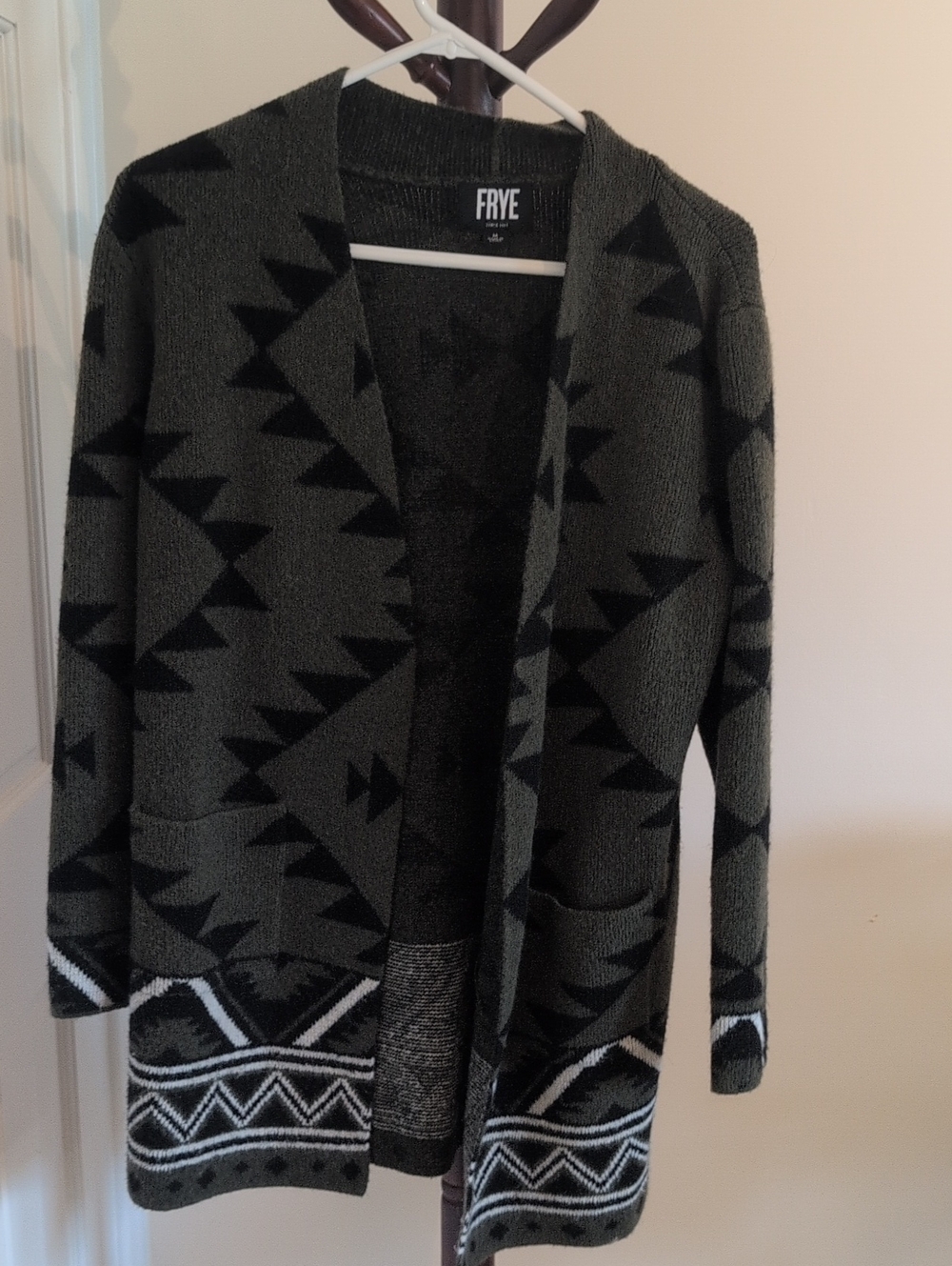 FRYE Olive & Black Geometric Open-Front Cardigan